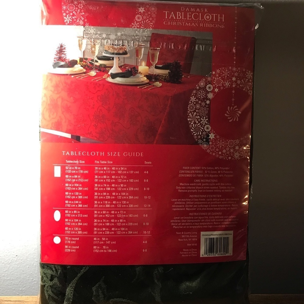 Damask Christmas Ribbon tablecloth. Size 52 x 70 oblong . Color is green - Picture 2 of 3